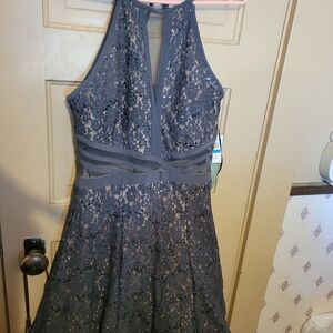 Morgan & Co. Charcoal Lace Backless Dress